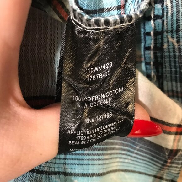 AFFLICTION - MEN'S MEDIUM  MULTICOLOR PLAID LONG SLEEVE SNAP COLLARED SHIRT - Picture 5 of 5